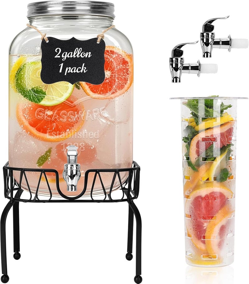 DHSBTLS 2 Gallon Glass Drink Dispensers, 1 Pack Clear Beverage Dispenser for Party, BBQ and Picnic, Juice Dispenser with Ice Core, Black Stand, Spigot, Markers and Chalkboard - Image 1